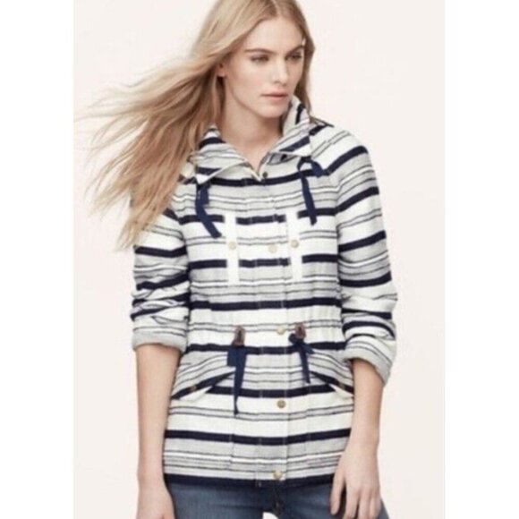 LOFT Womens Navy/White Breton Anorak Nautical Hooded Jacket Small Petite - Picture 1 of 14